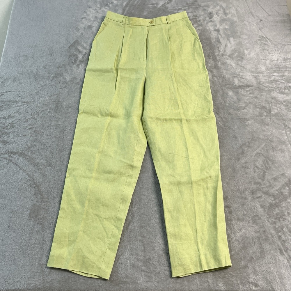 Talbots Petites Women's 10P Green Irish Linen Pleated High Rise Straight Pants
